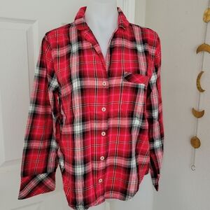 Victoria's Secret Plaid Flannel PJ Sleep Shirt S EUC Red & Silver LS Button Down